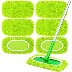 6-Pack Reusable Mop Pads Fit Swiffer Sweeper, Microfiber Cleaning Mop Pads Refill for Dry Sweeping & Wet Mopping Replacement (Fluorescent Green)