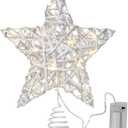 Ornativity Christmas Star Rattan Tree Topper  White and Silver Xmas Holiday Decor Rustic LED Lights Light Up Tree Top Topper Ornament Decoration 12"