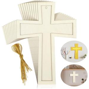 Beeveer 24 Pcs Easter Unfinished Wooden Crosses for Crafts 8.9 x 6.5 Inch Unpainted Large Blank Wooden Layered Cross for Sunday Crafts DIY Church Home Wall Decoration with String (Classic)