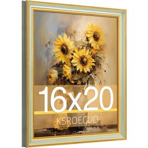 16x20 Picture Frame, HD Real Glass Ornate Vintage 16x20 Photo Frame, 16 by 20 Poster Frame with Gold Green Texture Border Horizontal & Vertical Display for Tabletop or Wall Decor (1 Pack)