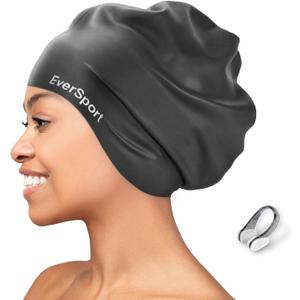 EverSport Large Swim Cap for Braids and Dreadlocks, Waterproof Silicone Swimming Cap for Women Men Keep Hair Dry (Black)