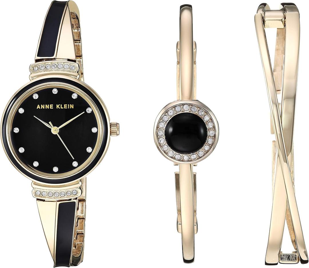 Anne Klein Women's Premium Crystal Accented Watch and Bangle Set (Gold/Black)