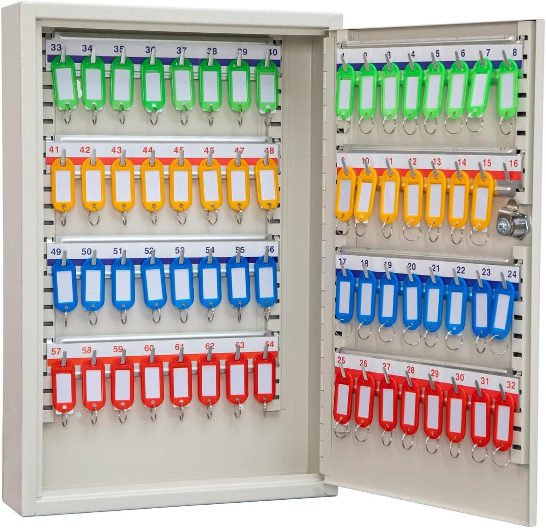 UMEKEN Key Box Wall Mount 64 Position Metal Valet Key Cabinet Lock Box with Key Tags, Key Holder Lockbox Key Organizer Safe Storage Locker Box, Cream