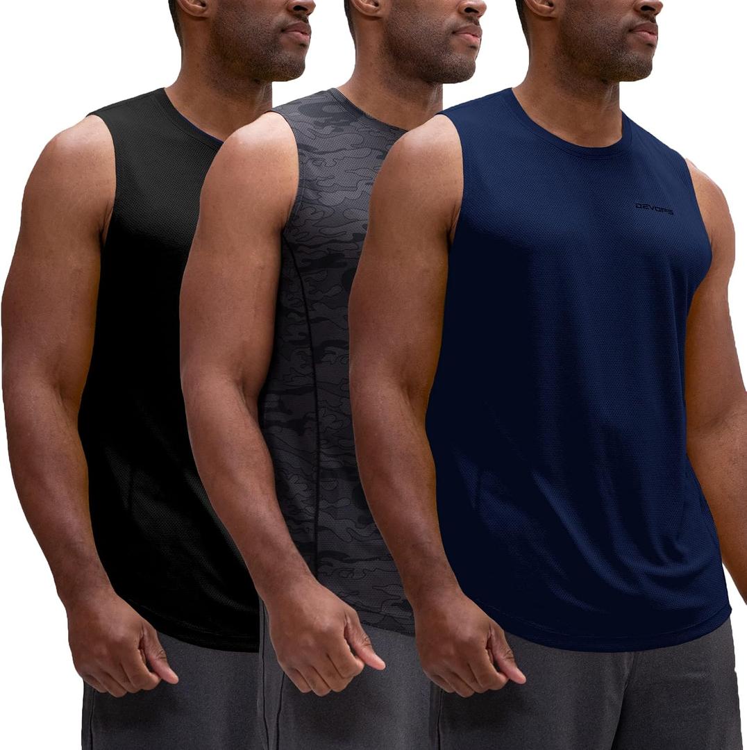 DEVOPS 3 Pack Sleeveless Men's Muscle Shirts Dry Fit Tank Top for Gym Workout, Training, Running, Quick Dry Activewear (XXL)