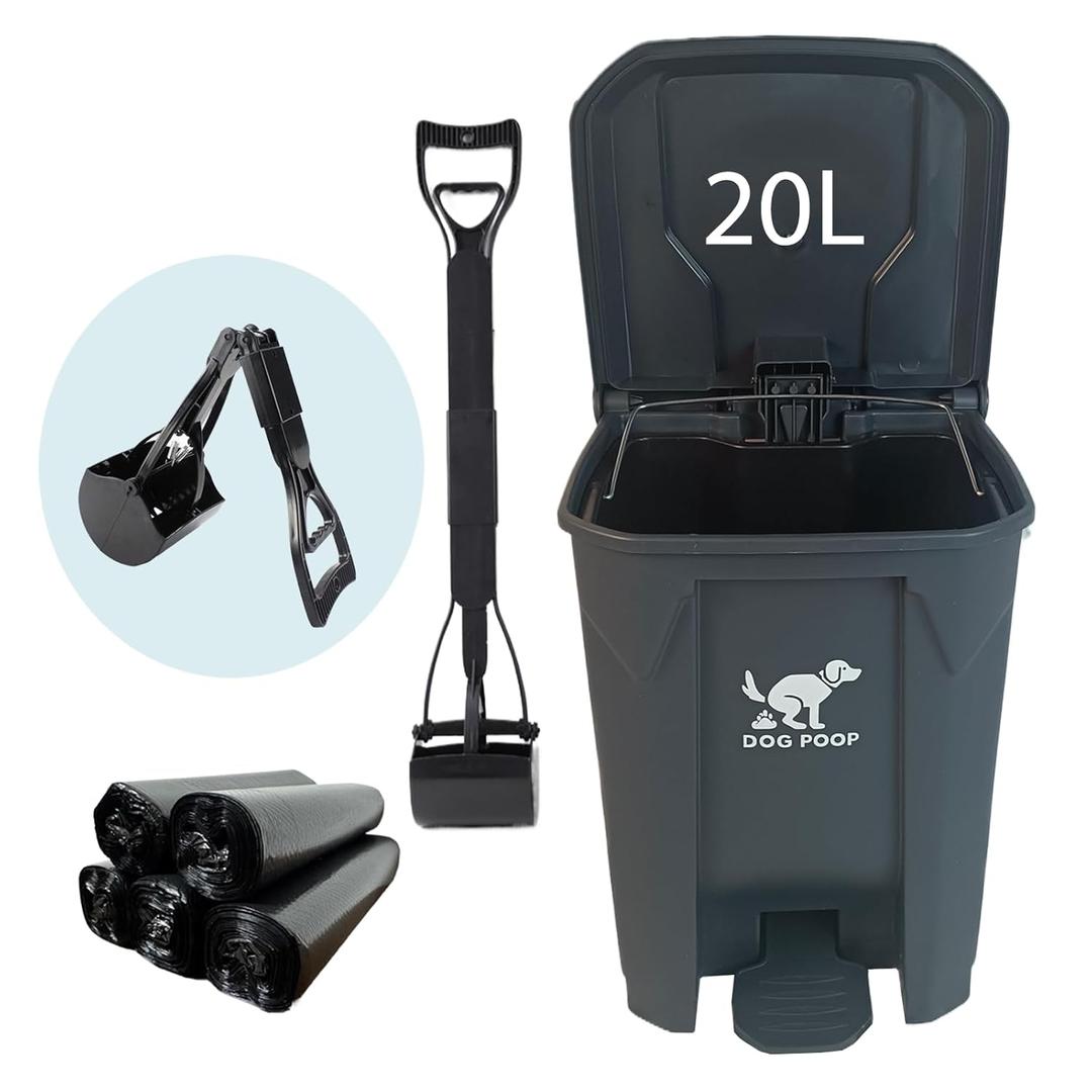 Large Dog Poop Trash Can Outdoor 20L / 5.3 Gallon with Foldable Pooper Scooper - Waterproof Pet Waste Station Set, Foot Pedal, Inner Bucket & 100 Bags for Backyard