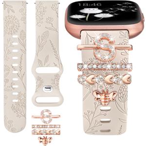 Minyee Floral Engraved Band with Charms Compatible with Fitbit Versa 2/Fitbit Versa/Versa Lite Bands Women,Bling Decorative Ring Loop Cute Soft Silicone Flower Fancy Strap for Versa 2 Watch(with Band)