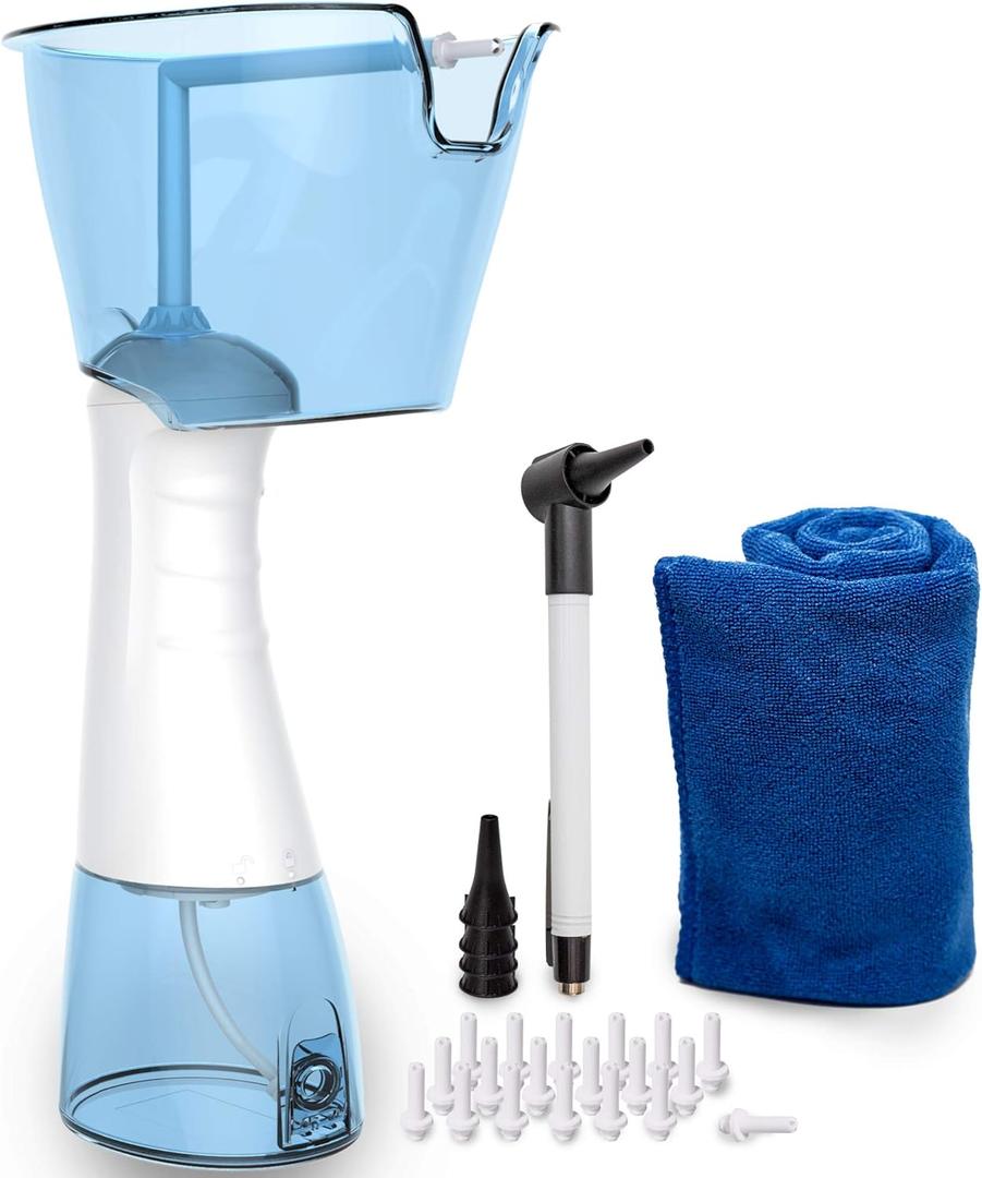 Electric Ear Wax Removal Kit by Tilcare - Rechargeable Ear Cleaning Machine for Ear Irrigation - Complete Ear Flush Kit for Adults & Kids - Ear Lavage System with Otoscope, Microfibre Towel & 30 Tips