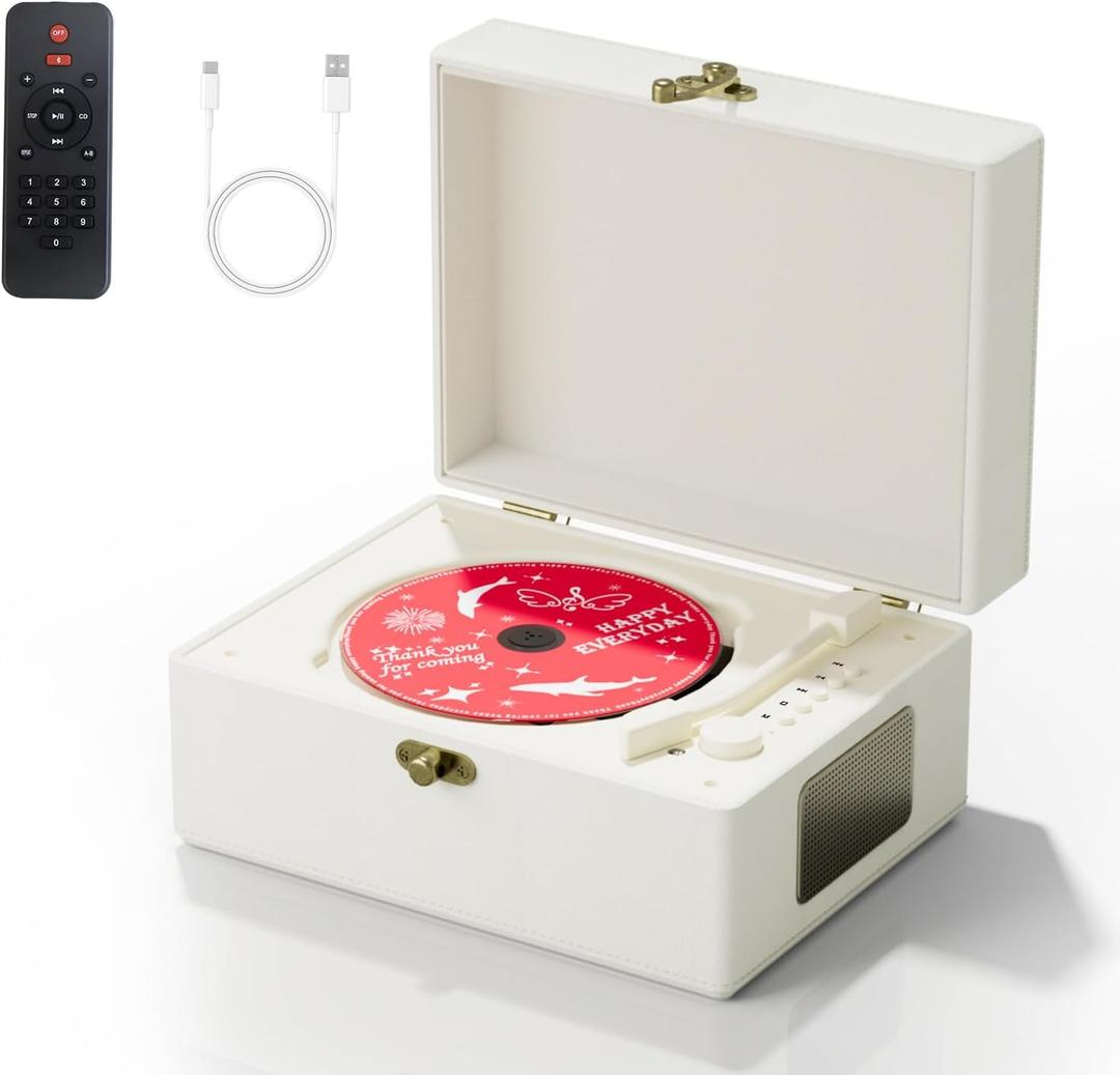 Rechargeable Leather CD Player with Speakers, Bluetooth Transmitter, Festival Gift, BGM Player for Home Decor., white