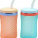 The First Years Silicone Squeeze & Sip Straw Cup - Spill-Proof Toddler Training Cups - Dishwasher Safe - Orange and Blue - 7 oz - 2 Count - Ages 6 Months+