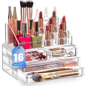 Masirs Clear Makeup Organizer - 16-Compartment Cosmetic and Jewelry Holder with 4 Drawers - Vanity Storage Box for Makeup, Skincare, Accessories, and Jewelry Display