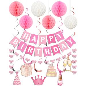Ouddy Life Pink Birthday Decorations for Girls Women, Pink White Happy Birthday Banner with Hanging Swirls Streamers, Honeycomb Balls Paper Pompoms, Glitter Bow Garland for Party Supplies