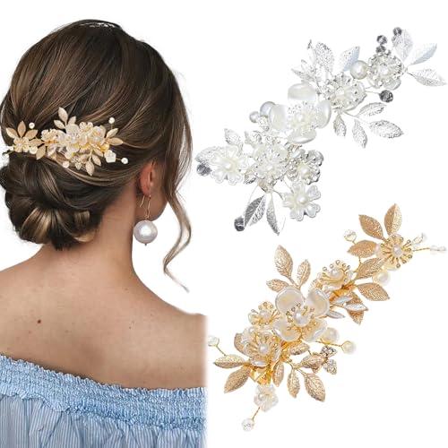 2PCS Gold Flower Hair Clip for Women Girls Elegant Rhinestones Floral Hair Barrettes Leaf Crystal PearlHair Accessories for Brides Bridesmaid