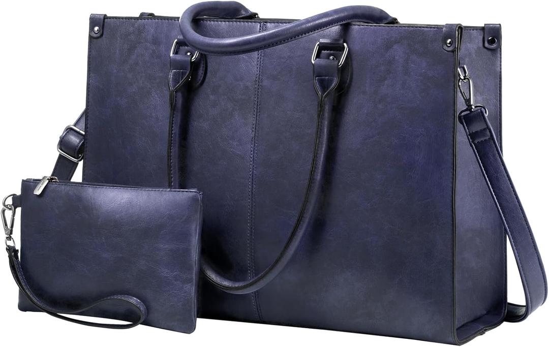 LOVEVOOK Laptop Tote Bag for Women, 15.6 Inch Large Capacity Vintage Leather Work Computer Bag, Business Casual Shoulder Handbag, Indigo Ink