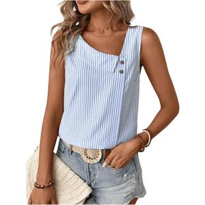 Women's Button Asymmetrical V Neck Striped Print Blouses Casual Sleeveless Tank Top Summer Shirt Tops (Blue, L)