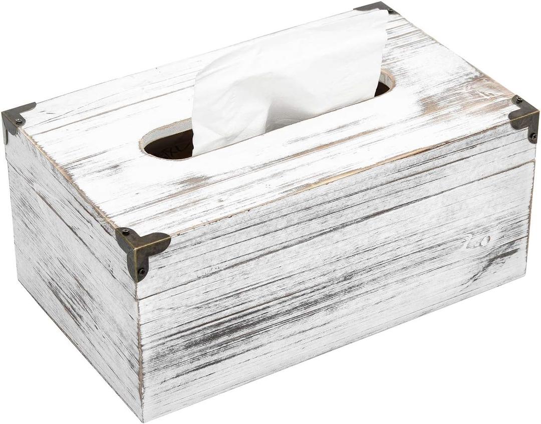 Distressed Wooden Rustic Facial Tissue Box Holder Tissue Box Cover Napkin Dispenser for Bathroom Living Room Dining Room Bedroom Toilet (Washed White)