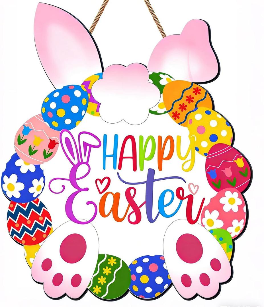 3 x Happy Easter Door Decoration Wooden Bunny Wreath for Front Door Sign Rabbit Egg Wreath Hanging for Home Wall Decor Easter Party Outdoor Indoor Supply