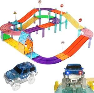 BOLORBT 97PCS Magnetic Race Track Magnet Tiles Road Set Toys for Kids with LED Cars Roads Signs STEM Sensory Educational Learning Montessori Toy for Toddlers Boys Girls Age 3-7 4-8 8-10 