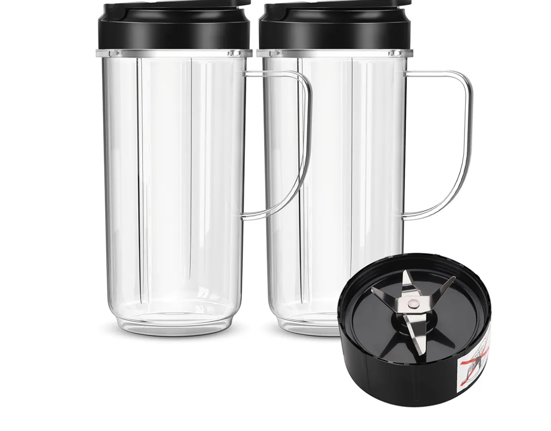 2 Pack Magic Bullet Blender Cups, Tall 22oz Cup with Flip Top To-Go Lid & 4 Fins Cross Blade Blender Replacement Parts, Replacement Cup Mug with Handle Compatible with Magic Bullet 250w MB1001