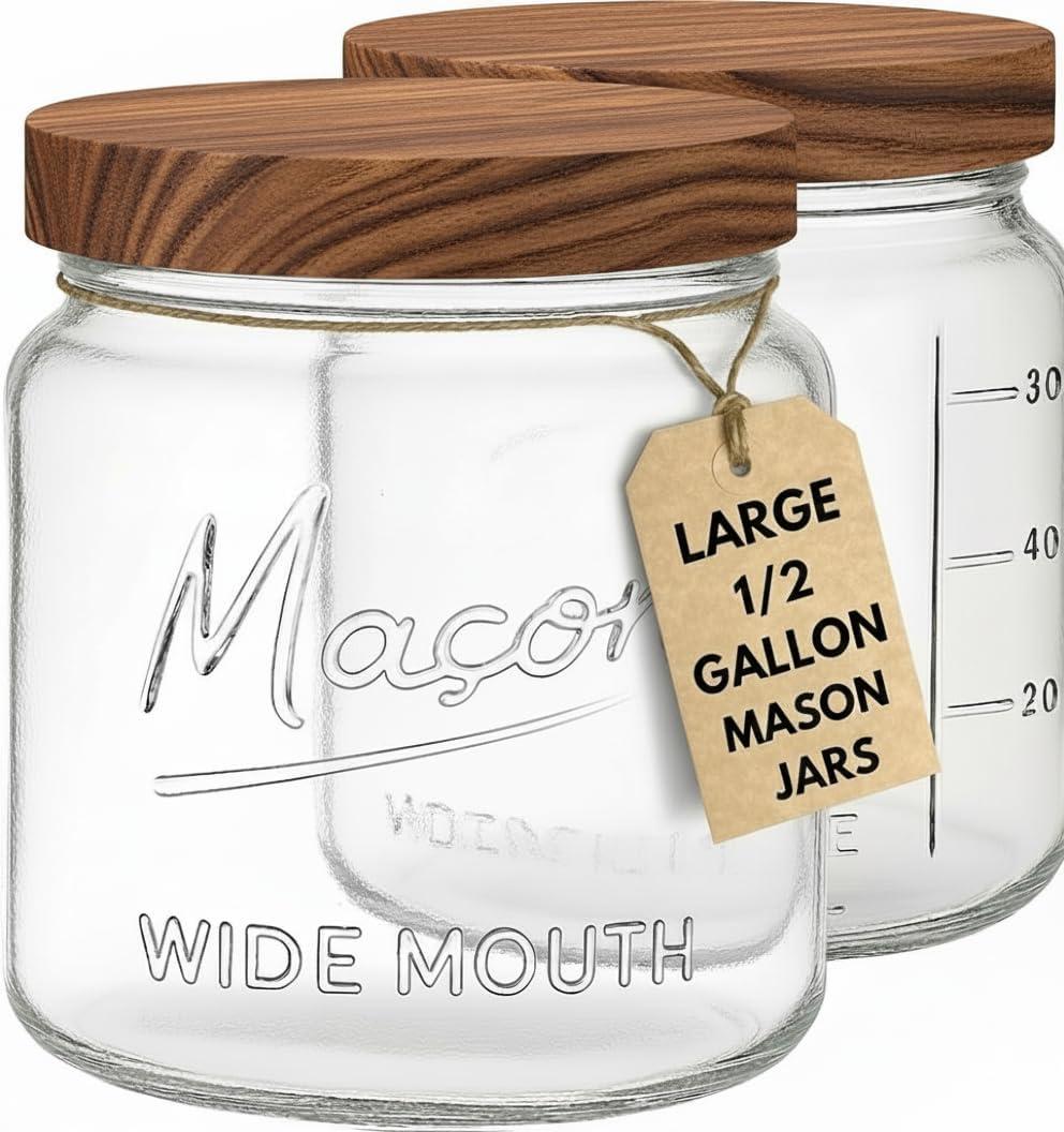 Kitchentoolz Large Mason Jars with Lids 64 oz Mason Jars Wide Mouth, 1/2 Gallon Glass Jar with Lid for Pantry Storage, Canning, Flour, Dry Goods 2 Pack