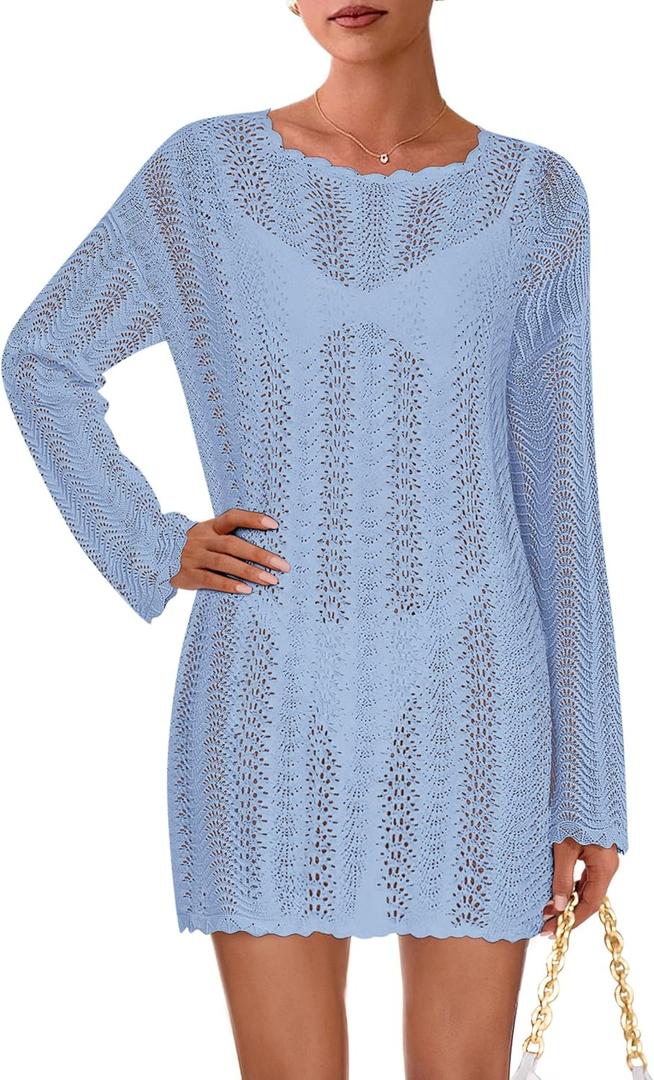PRETTYGARDEN Women's Swimsuit Cover Up 2025 Summer Bathing Suit Swimwear Crochet Knit Dress Fashion Beach Vacation Clothes (Blue, S)