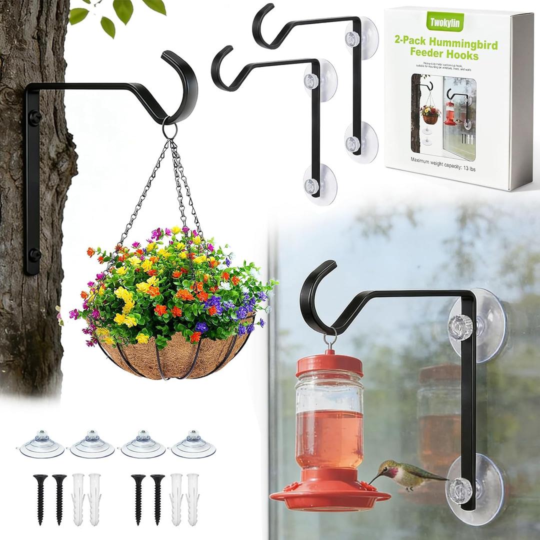2 Pack Heavy Duty Window Bird Feeder Hooks, Dual Suction & Screw Mount Metal Hanging Hooks, High Load Bearing Rustproof for Bird Feeders, Wind Chime & Outdoor Garden Decor