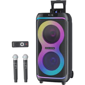 GKDT81 Karaoke Machine with 2 Microphones for Adults, 80W Rated Power, Dual 8" Woofers, Portable Bluetooth Party Speaker with Wheels & Pull Handle, Deep Bass, LED Lights, PA System for Outdoor Parties