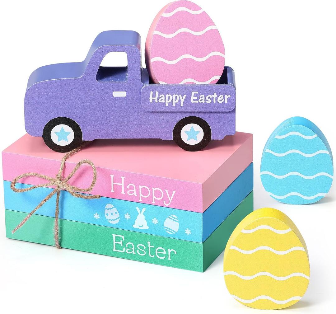 Marsui 5 Pieces Easter Table Decorations Wooden Truck Easter Eggs Blocks Spring Wood Book Stacks Centerpieces Signs for Home Indoor Table Topper Tiered Tray Decor Supplies
