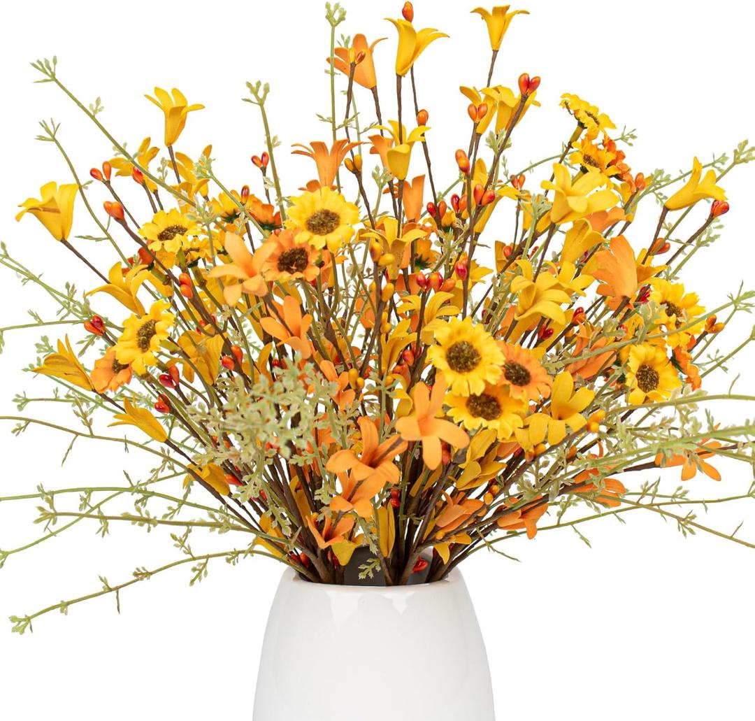 J'FLORU Fall Flower Decorations 12 Pack Autumn Floral Picks Artificial Forsythia Flowers with Orange Daisies for Floral Arrangements Harvest Festival Thanksgiving Day Decor (Yellow)