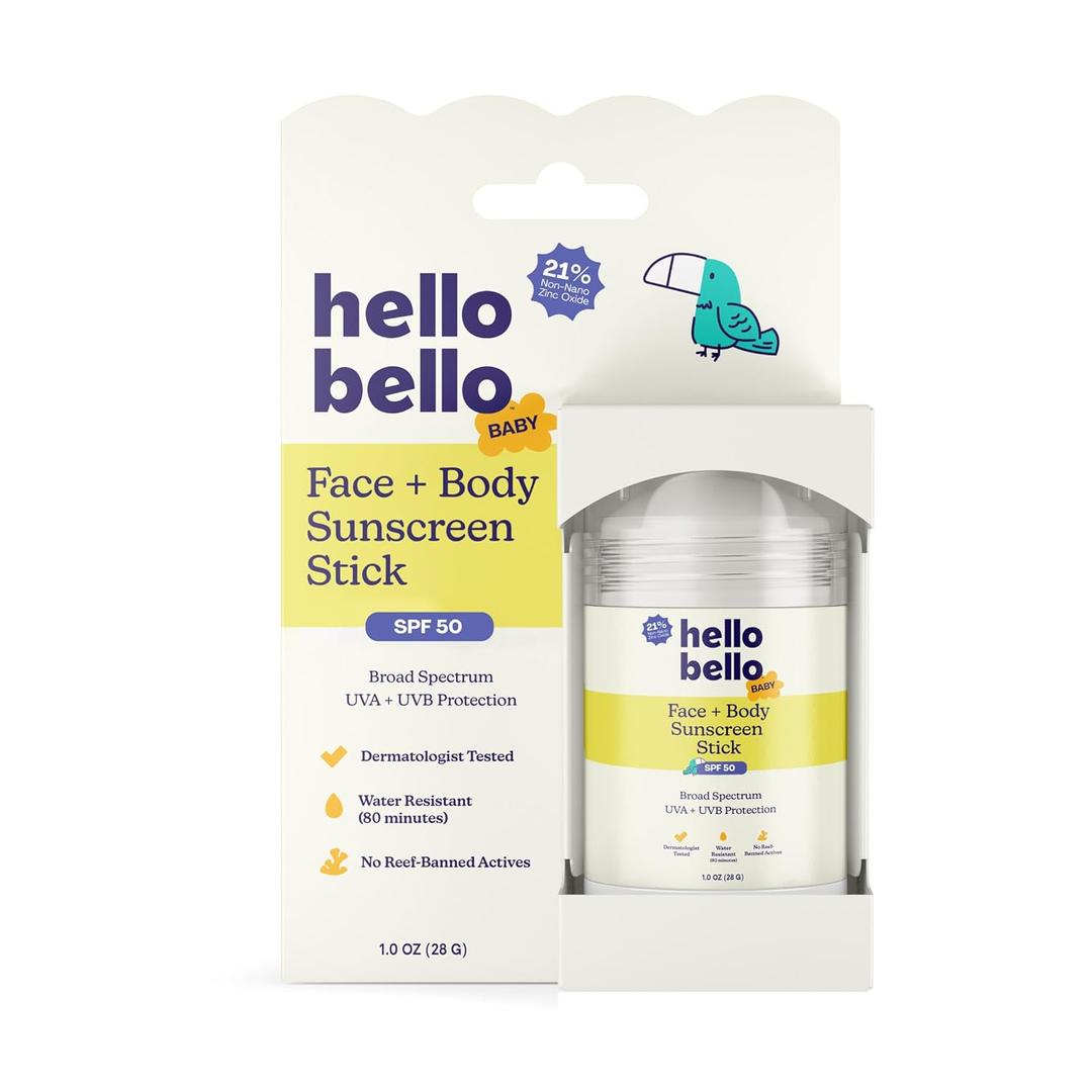 Hello Bello Baby SPF 50 Mineral Face + Body Sunscreen Stick - Water Resistant Broad Spectrum UVA + UVB Sun Protection, 1oz