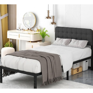 Likelalaso California King Size Bed Frame with Upholstered Headboard, 14 inch Metal Bed Frames, Steel Slat Support, Noise Free, No Box Spring Needed, Easy Assembly, Black/Gray