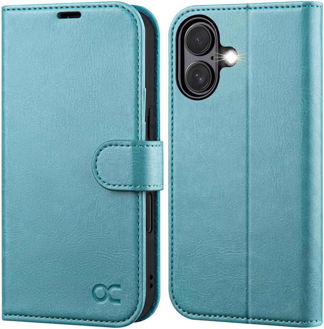 Ocase Compatible with iPhone 16 Wallet Case, PU Leather Flip Folio Case with Card Holders RFID Blocking Kickstand [Shockproof TPU Inner Shell] Phone Cover 6.1 Inch 2024, Ice Blue