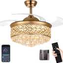Crystal Fandelier Ceiling Fan with Light and Remote Dimmable 500-6500K Retractable Blades Chandelier Ceiling Fan with Memory Function Modern Ceiling Fans with Lights for Bedroom 42 Inch Gold