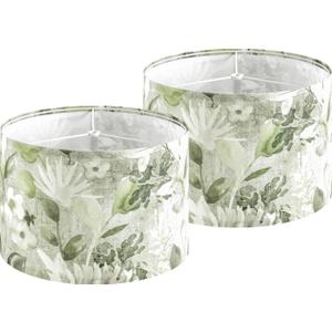 PAPAYA Lamp Shades Set of 2 Green Floral Drum Shade 13"x13"x9" | Hand Crafted,Linen Fabric,Victorian Lamp Shade,Spider Fitter,Bell Lamp Shades for Table Lamps,Floor Lamps,Easy Assembly