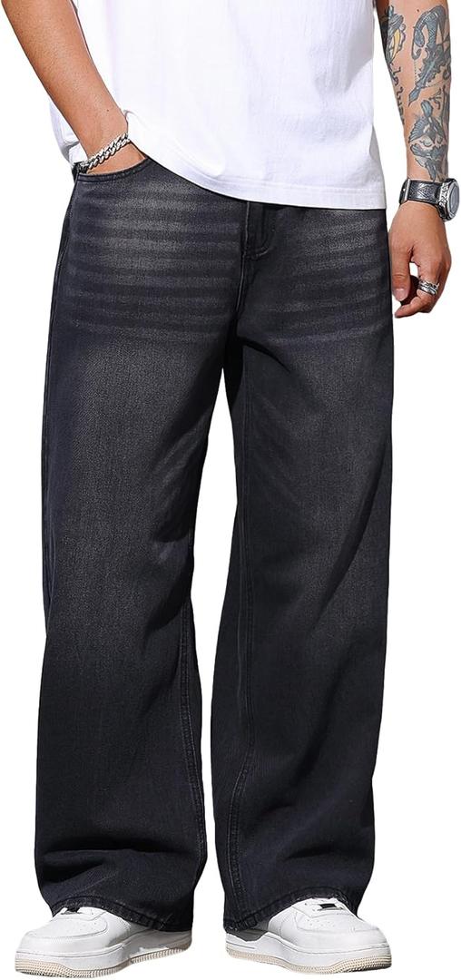 Mens Wide Leg Baggy Jeans Y2k Casual Fashion Loose Denim Pants Work Office Streetwear (Medium, B10 Black)