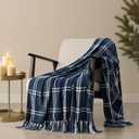 EverGrace Plaid Chenille Throw Blanket for Couch, Super Soft Cozy Decorative Windowpane Grid Plaid Throw with Tassels, Lightweight Chenille Knit Throw for Bed Sofa Gift, Navy & White 50x60