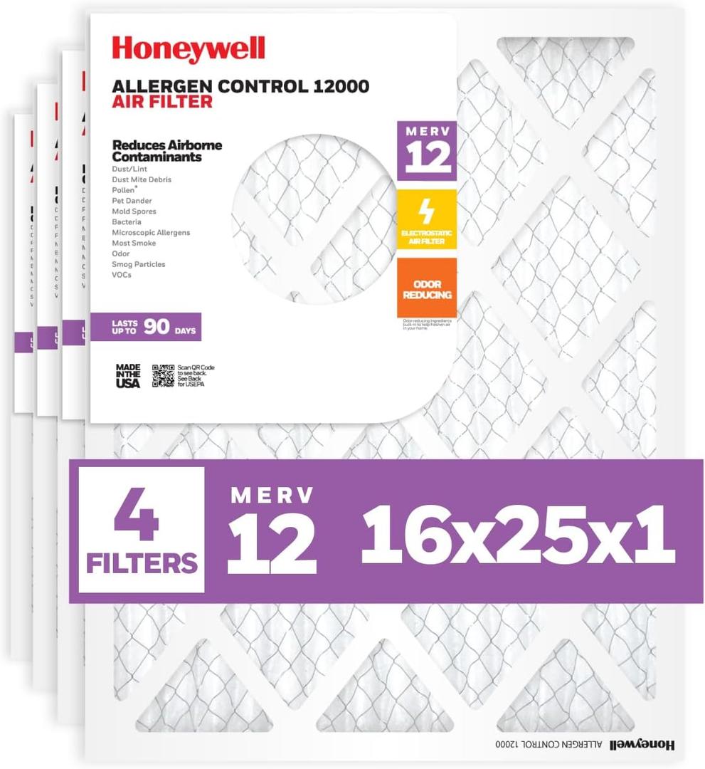 Honeywell 16x25x1 MERV 12 Electrostatic Pleated HVAC AC Furnace Air Filter (4-Pack) | Replacement Filter for Home Use | Made in USA