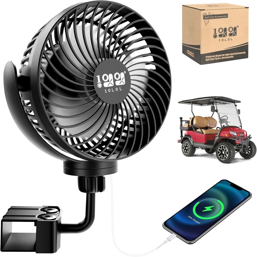 10L0L Rechargeable Portable Fan-8000mAh Battery Operated Fans Compatible with Yamaha/EZGO/Club Car/Tents/Prams/Wheelchairs/Golf Cart Push Cart with LED Light, 360 Rotatable, 3 Speed (Black)