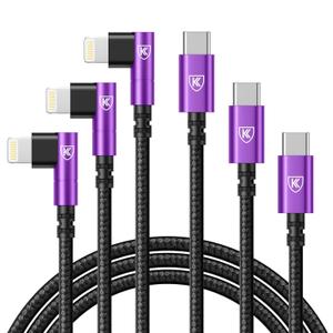 90 Degree iPhone Charger Cables 6FT, USB C to Lightning Cable [Apple MFi Certified] 3Pack Fast Charging, Nylon Braided USB C Lightning Cable Compatible with iPhone 14/13/12/11/Pro Max/Plus/8/7-Purple