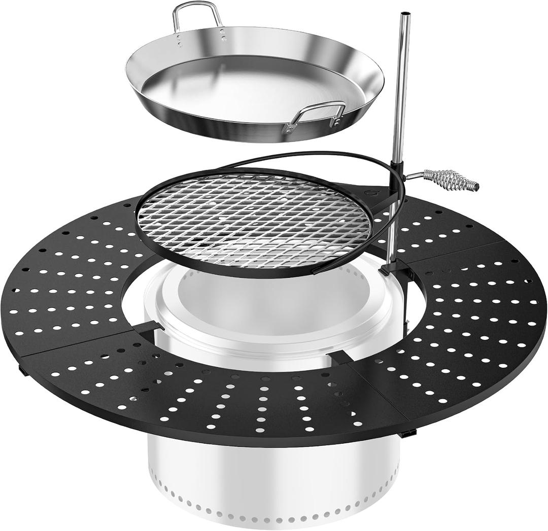 onlyfire Direct Mount Tabletop & Cooking Kit Combo for Solo Stove Bonfire 19.5 inch Fire Pit, 40" Round Heat-Resistant Surround Tray, Height-Adjustable Swivel BBQ Grate, Stainless Steel Griddle Plate