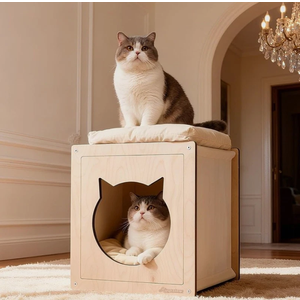 Wooden Cat beds for Indoor Cats,Large Double Cat House Cave with 2 Soft Cushion,Warm Cozy Pet Hideaway for Kittens & Big Cats,17.7"x16.9"x19.68" Natural