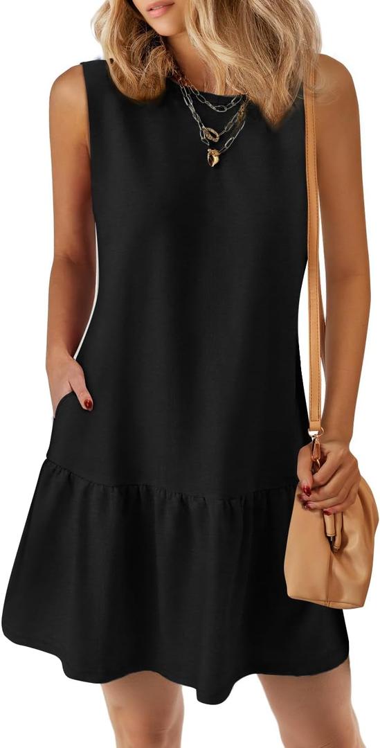 PRETTYGARDEN Casual Short Summer Dresses for Women 2025 Sleeveless Crewneck Cute Ruffle Loose Vacation Mini Tshirt Dress (Large, Black)