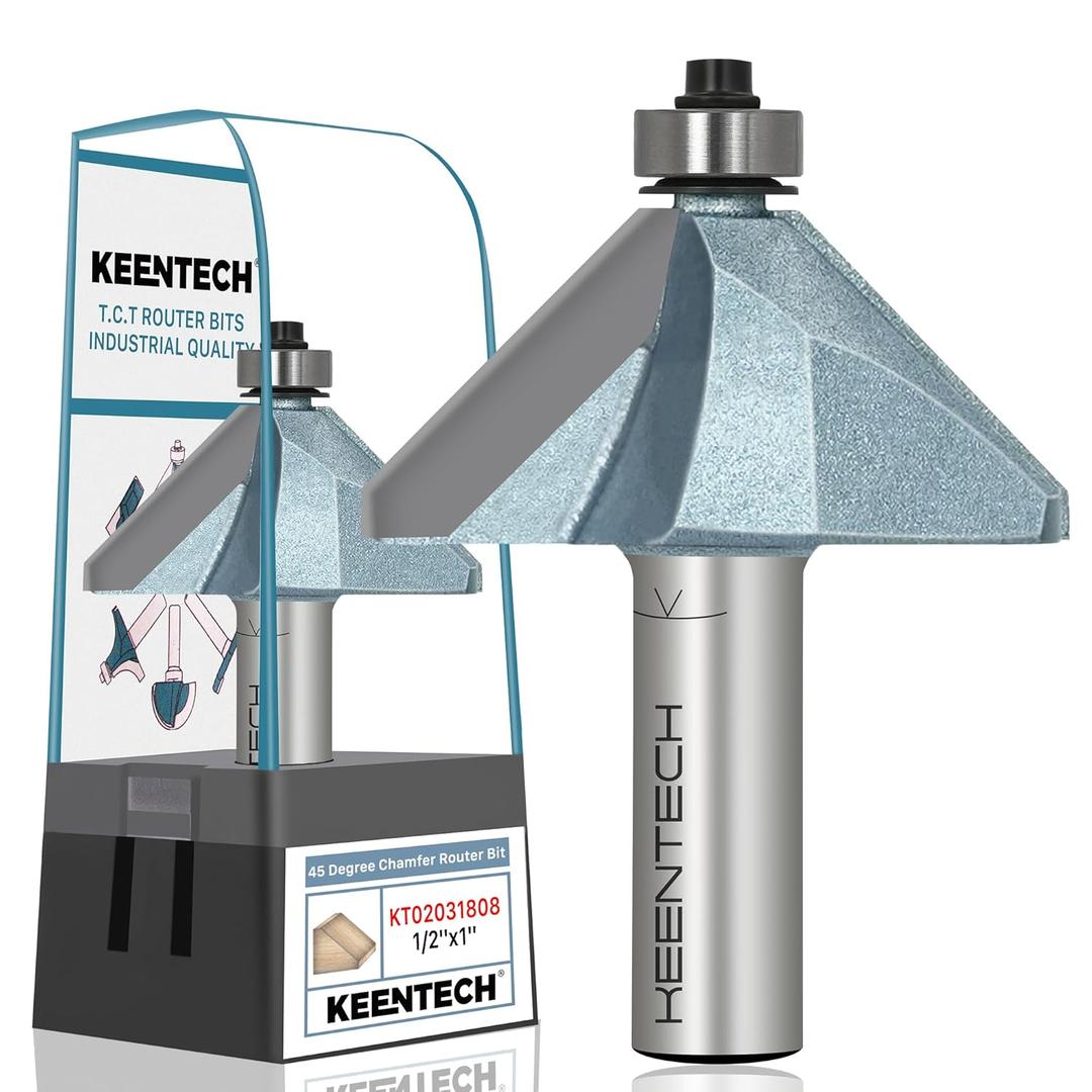 KEENTECH Router Bits, Carbide Tipped 45 Degree Chamfer Router Bit for Edge Forming, Industrial Grade Blue Cutting Tools for Woodworking (1/2 Inch Shank x 1-1/8 Inch Bevel x 1 Inch Depth, KT02031808)