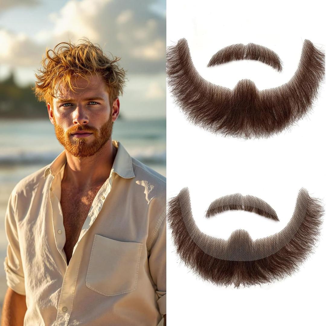 Fake Beard Realistic Fake Mustache - 100% Human Hair Brown Goatee Beard, Costume Facial Hair Halloween Dressing Men Makeup Entertainment/Drama/Party/Movie(Brown)