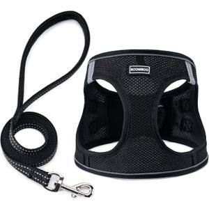 BOOMIBOO Dog Harness with Leash Set, No Pull Adjustable Reflective Step-in Puppy Pet Vest Harnesses for Small Medium Large Dogs and Cats,Black XS 