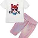 Girls Summer Outfits Cute Graphic Crewneck Short Sleeve T Shirts and Biker Shorts Set Colorful Athletic Outfit 4-12T (White)