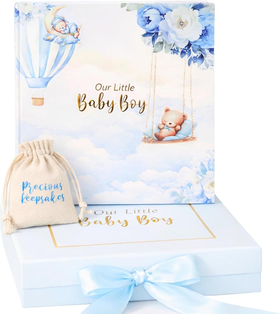 Luxury Baby Boy Memory Book Set  Keepsake Journal & Milestone Album from Pregnancy to Age 5 with Premium Gift Box, Storage Pouch & Keepsake Envelope  Baby Shower & Newborn Gift (Blue)