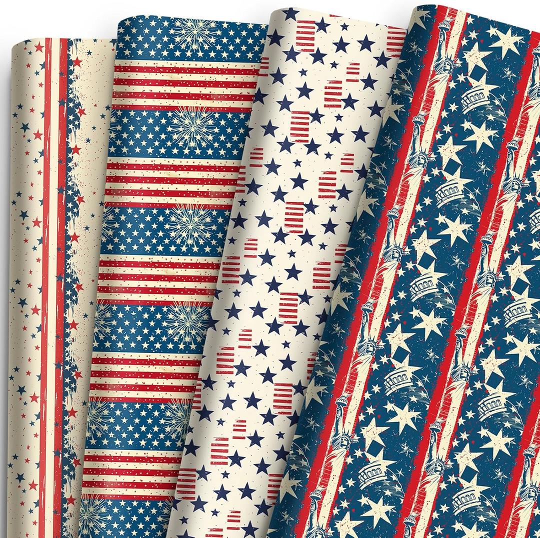 12 Sheets Patriotic Wrapping Paper - Vintage American Flag & Statue of Liberty Design, Independence Day Gift Wrap for 4th of July & Memorial Day, President's Day, 19.7 x 27.6 (Red, White & Blue)