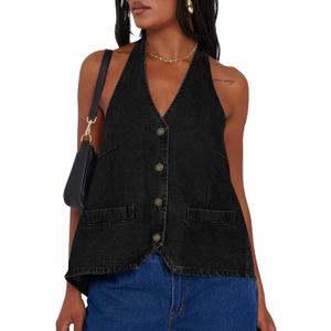 Tankaneo Womens Halter Denim Vest Tops Summer Open Back Y2K Going Out Tank Tops V Neck Button Down Jean Shirts (Large, Black)