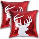 Coeufuedy Reversible Sequins Pillow Case 18 x 18 Inch Christmas Sequin Pillow Covers Magic Red Mermaid Square Throw Decorative Pillowcase 2pcs (Red-Deer)
