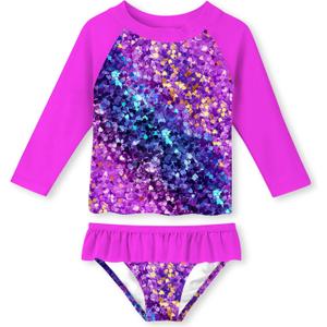UNIFACO Toddler Girls Swimsuits 3D Glitter Sequins Bathing Suit Long Sleeve Rashguard Set 1-2T